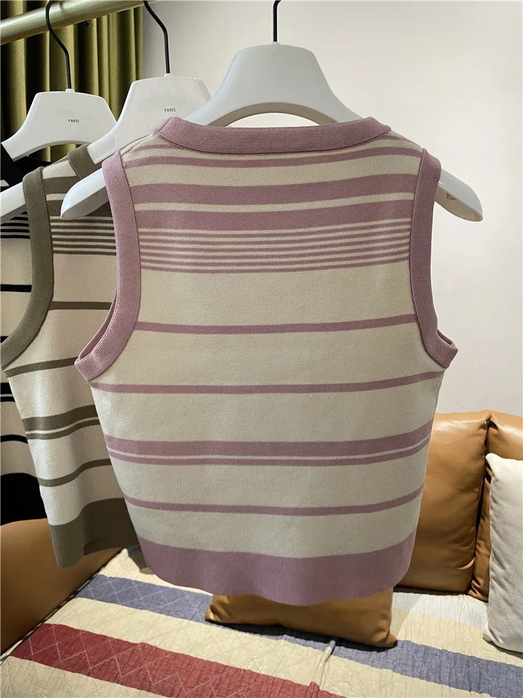 Fashion Stripe Blocking Korean Style Knitted Striped Crop Tops 2026 Sexy Short Top Women's Sleeveless O Neck Versatile Tank Tops