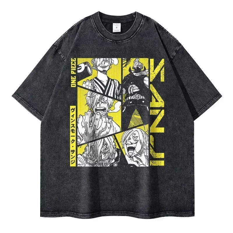 2026 New Roronoa Zoro T-shirts Vintage Washed Anime One P-Piece T-shirt Streetwear Luffy Manga Tops Tees Cotton Summer