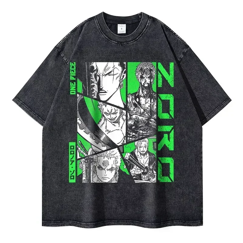 2026 New Roronoa Zoro T-shirts Vintage Washed Anime One P-Piece T-shirt Streetwear Luffy Manga Tops Tees Cotton Summer