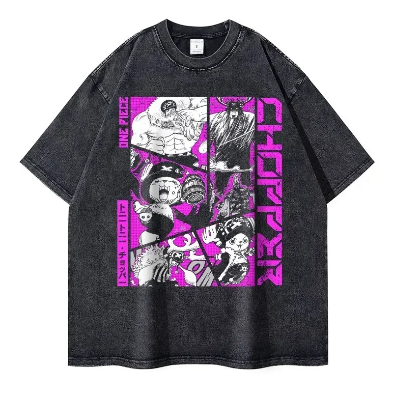 2026 New Roronoa Zoro T-shirts Vintage Washed Anime One P-Piece T-shirt Streetwear Luffy Manga Tops Tees Cotton Summer