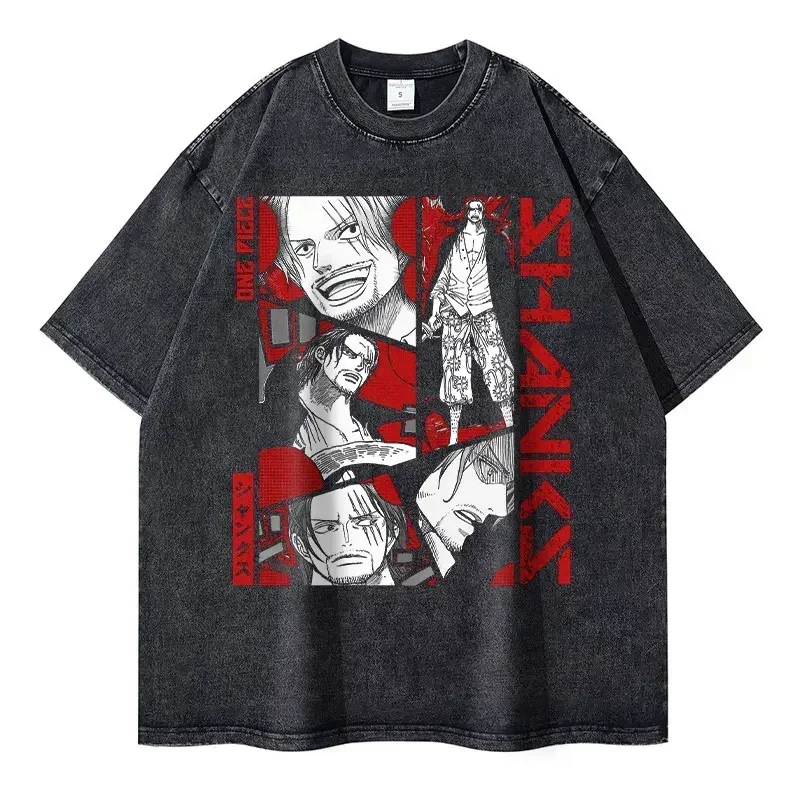 2026 New Roronoa Zoro T-shirts Vintage Washed Anime One P-Piece T-shirt Streetwear Luffy Manga Tops Tees Cotton Summer