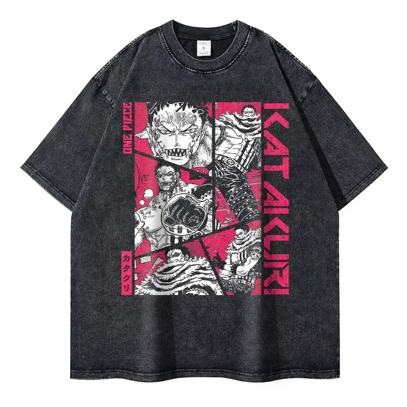 2026 New Roronoa Zoro T-shirts Vintage Washed Anime One P-Piece T-shirt Streetwear Luffy Manga Tops Tees Cotton Summer