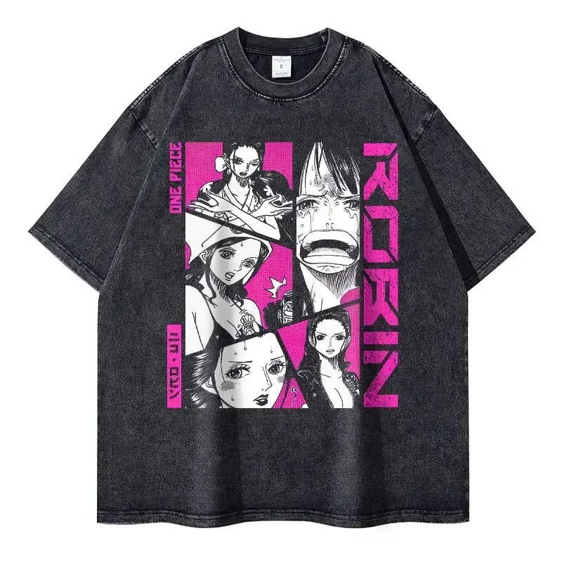 2026 New Roronoa Zoro T-shirts Vintage Washed Anime One P-Piece T-shirt Streetwear Luffy Manga Tops Tees Cotton Summer
