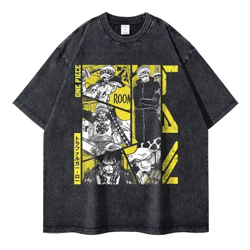 2026 New Roronoa Zoro T-shirts Vintage Washed Anime One P-Piece T-shirt Streetwear Luffy Manga Tops Tees Cotton Summer