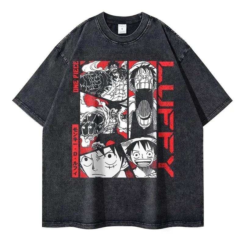 2026 New Roronoa Zoro T-shirts Vintage Washed Anime One P-Piece T-shirt Streetwear Luffy Manga Tops Tees Cotton Summer