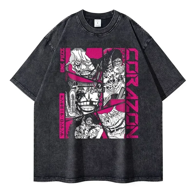 2026 New Roronoa Zoro T-shirts Vintage Washed Anime One P-Piece T-shirt Streetwear Luffy Manga Tops Tees Cotton Summer