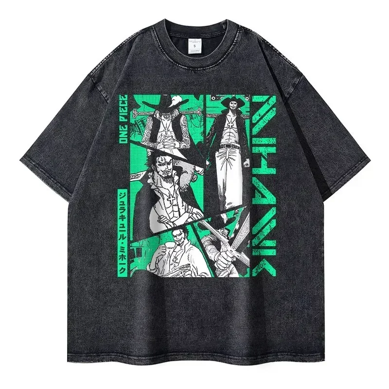 2026 New Roronoa Zoro T-shirts Vintage Washed Anime One P-Piece T-shirt Streetwear Luffy Manga Tops Tees Cotton Summer