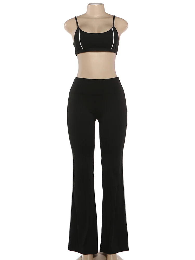 Kliou Line Patchwork 2 Piece Set Woman Square Collar Backless Camisole Tops+Elastic Waist Long Pants High Street Fashion Outfits