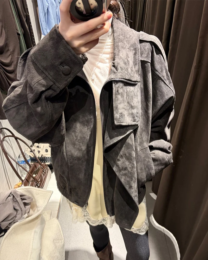 Women's Jacket 2026 New Fashion Spring Long Sleeve Motorcycle Style Jacket Dark Chocolate Color Personality Chic Ladies Outwear
