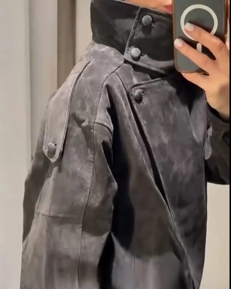 Women's Jacket 2026 New Fashion Spring Long Sleeve Motorcycle Style Jacket Dark Chocolate Color Personality Chic Ladies Outwear