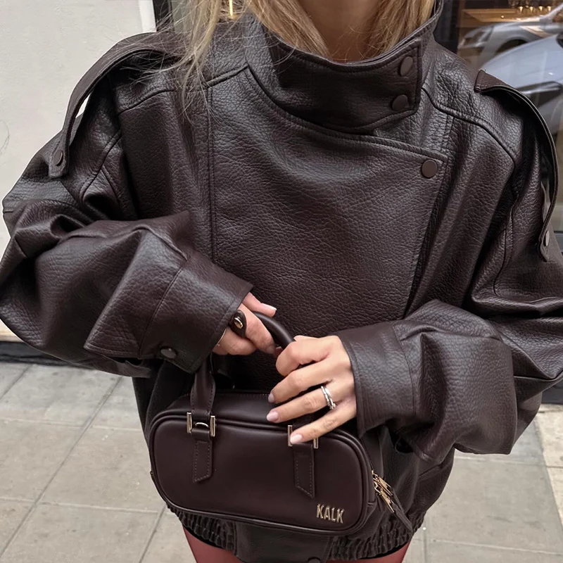Women's Jacket 2026 New Fashion Spring Long Sleeve Motorcycle Style Jacket Dark Chocolate Color Personality Chic Ladies Outwear