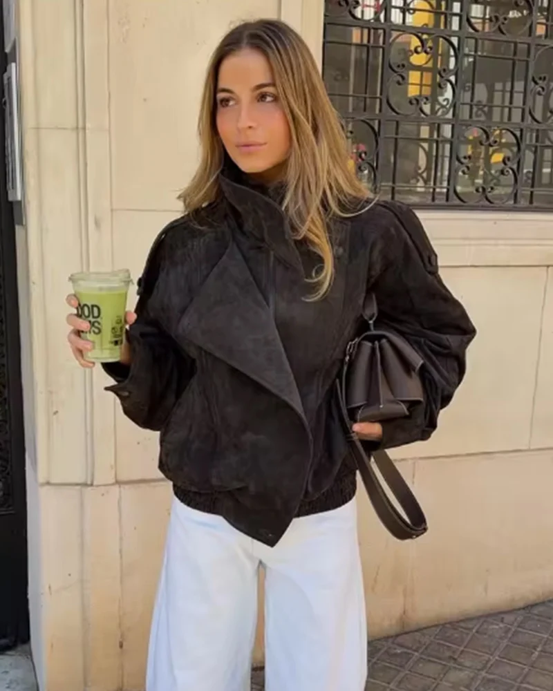 Women's Jacket 2026 New Fashion Spring Long Sleeve Motorcycle Style Jacket Dark Chocolate Color Personality Chic Ladies Outwear