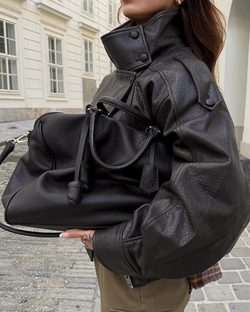 Women's Jacket 2026 New Fashion Spring Long Sleeve Motorcycle Style Jacket Dark Chocolate Color Personality Chic Ladies Outwear