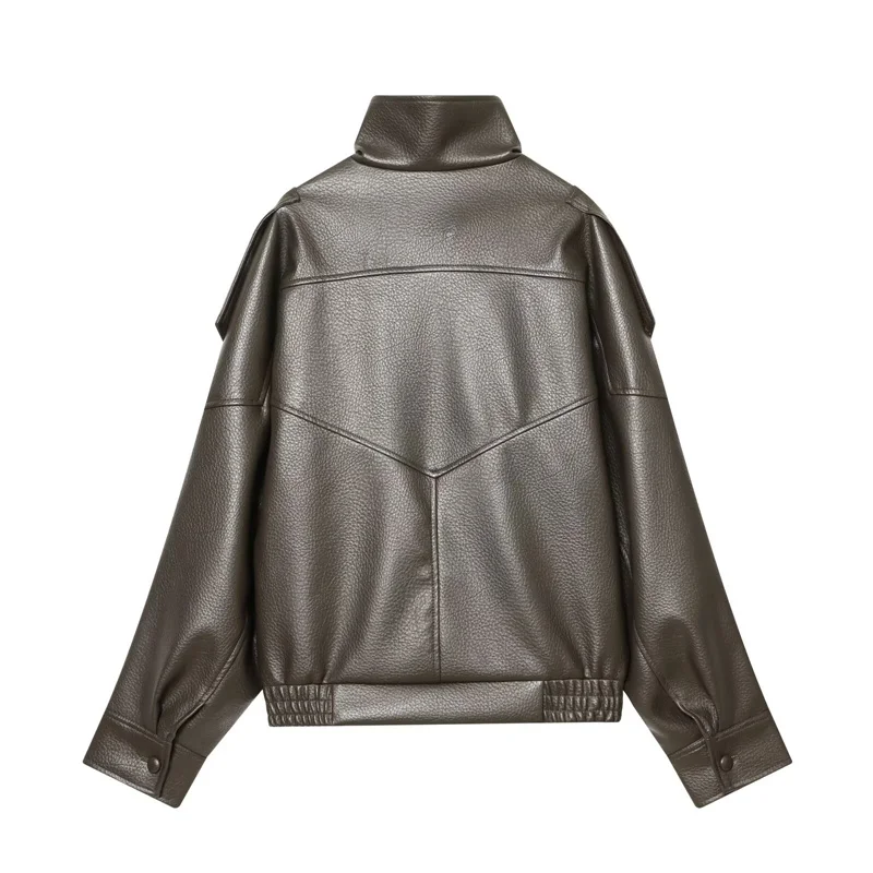 Women's Jacket 2026 New Fashion Spring Long Sleeve Motorcycle Style Jacket Dark Chocolate Color Personality Chic Ladies Outwear