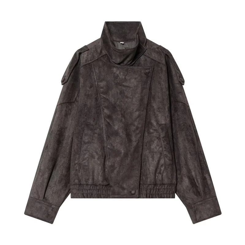 Women's Jacket 2026 New Fashion Spring Long Sleeve Motorcycle Style Jacket Dark Chocolate Color Personality Chic Ladies Outwear