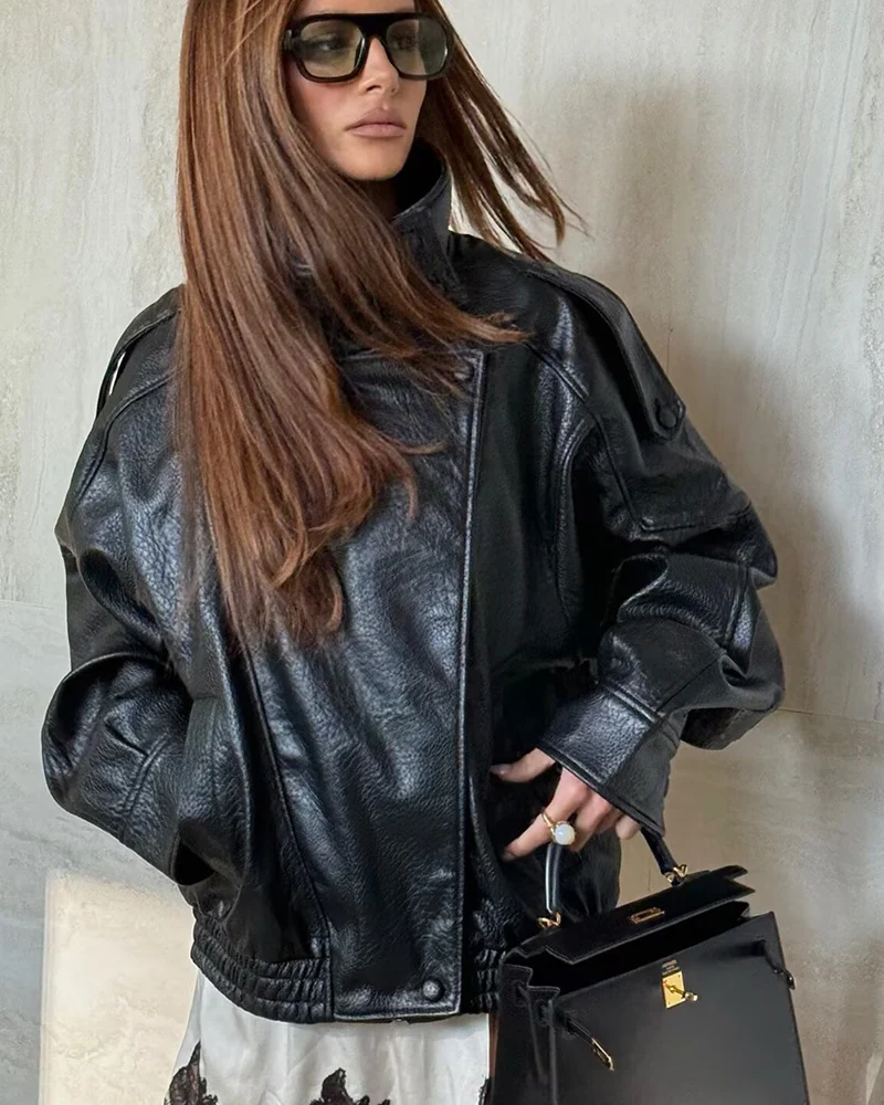 Women's Jacket 2026 New Fashion Spring Long Sleeve Motorcycle Style Jacket Dark Chocolate Color Personality Chic Ladies Outwear