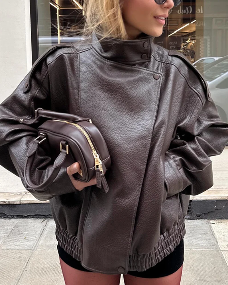Women's Jacket 2026 New Fashion Spring Long Sleeve Motorcycle Style Jacket Dark Chocolate Color Personality Chic Ladies Outwear