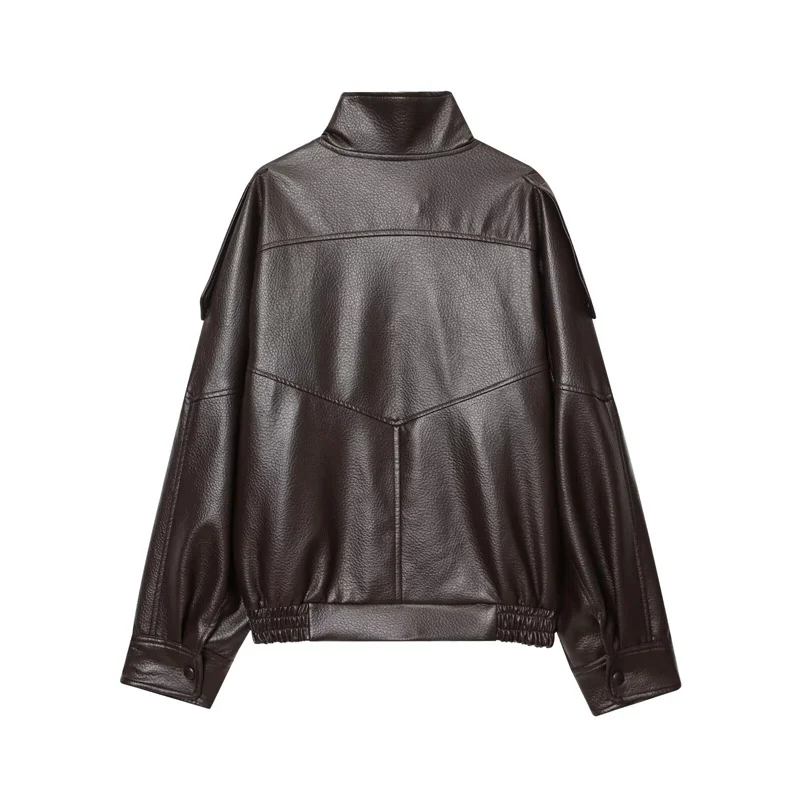 Women's Jacket 2026 New Fashion Spring Long Sleeve Motorcycle Style Jacket Dark Chocolate Color Personality Chic Ladies Outwear
