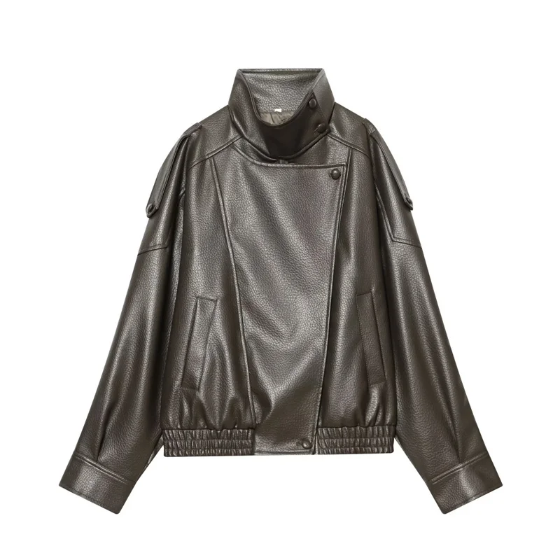 Women's Jacket 2026 New Fashion Spring Long Sleeve Motorcycle Style Jacket Dark Chocolate Color Personality Chic Ladies Outwear