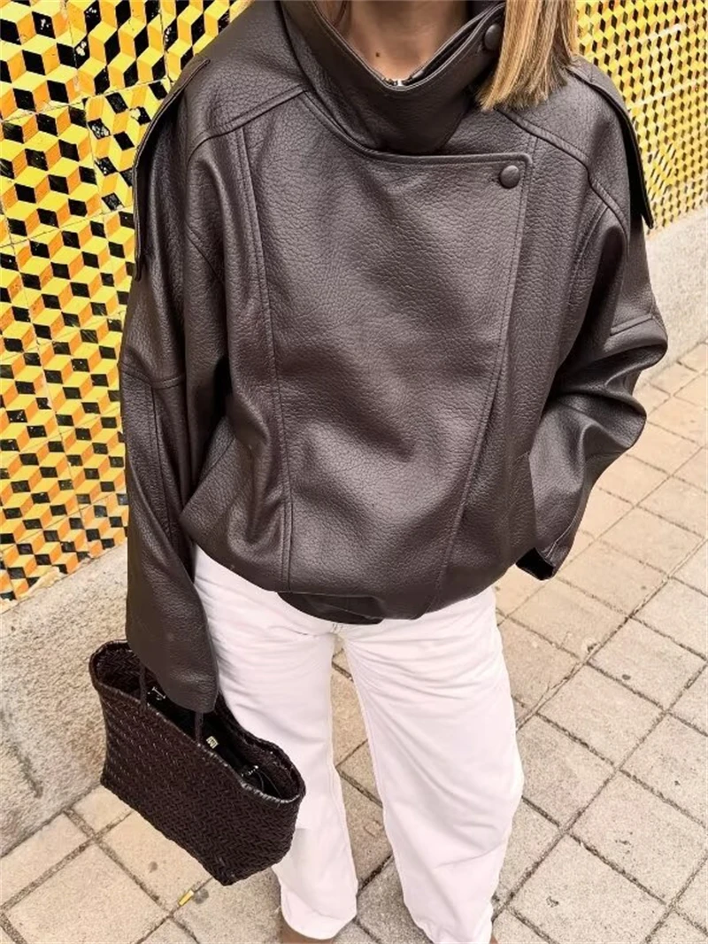 Women's Jacket 2026 New Fashion Spring Long Sleeve Motorcycle Style Jacket Dark Chocolate Color Personality Chic Ladies Outwear