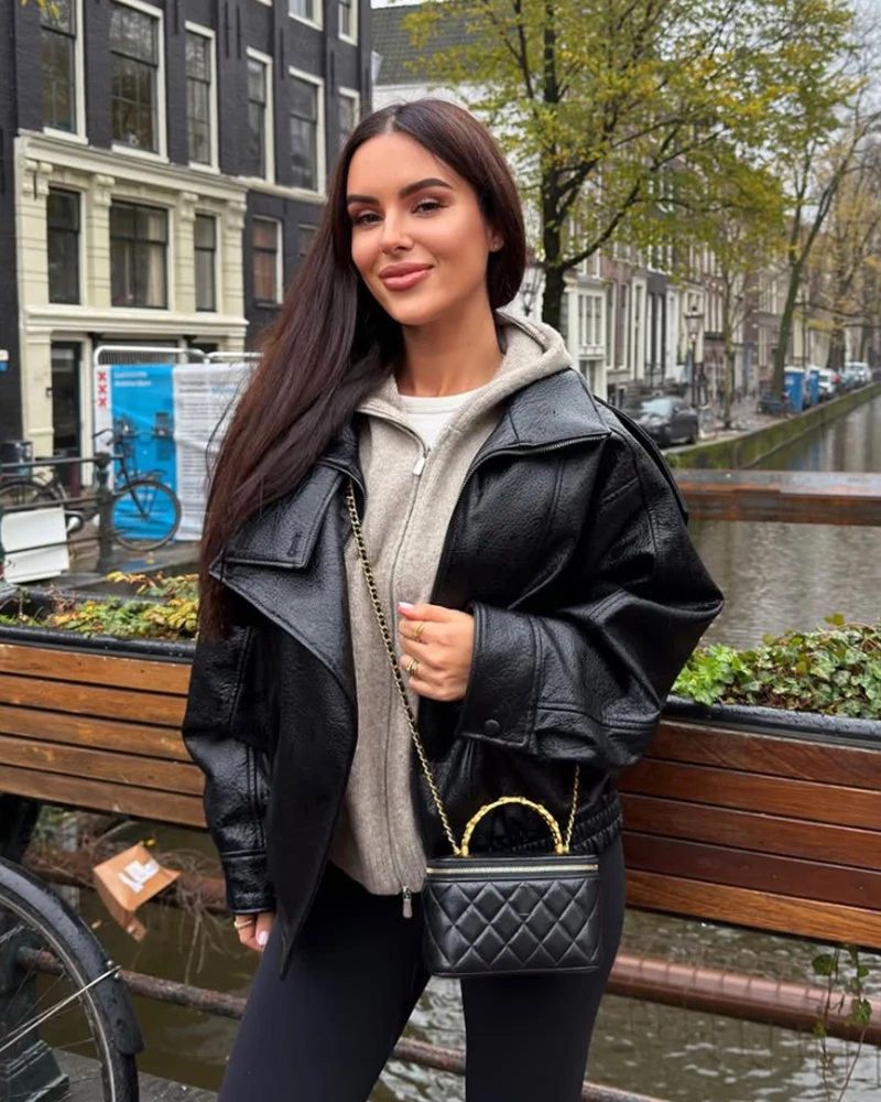 Women's Jacket 2026 New Fashion Spring Long Sleeve Motorcycle Style Jacket Dark Chocolate Color Personality Chic Ladies Outwear