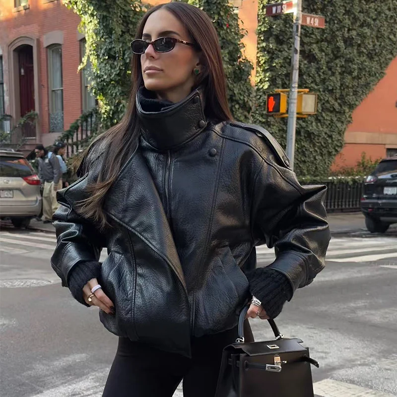 Women's Jacket 2026 New Fashion Spring Long Sleeve Motorcycle Style Jacket Dark Chocolate Color Personality Chic Ladies Outwear