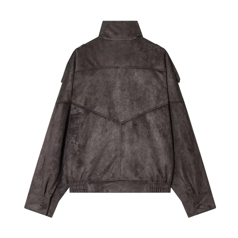 Women's Jacket 2026 New Fashion Spring Long Sleeve Motorcycle Style Jacket Dark Chocolate Color Personality Chic Ladies Outwear
