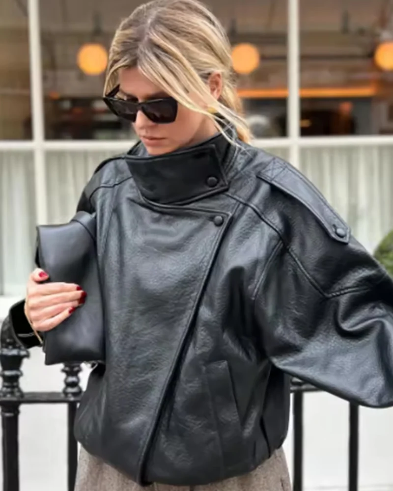 Women's Jacket 2026 New Fashion Spring Long Sleeve Motorcycle Style Jacket Dark Chocolate Color Personality Chic Ladies Outwear