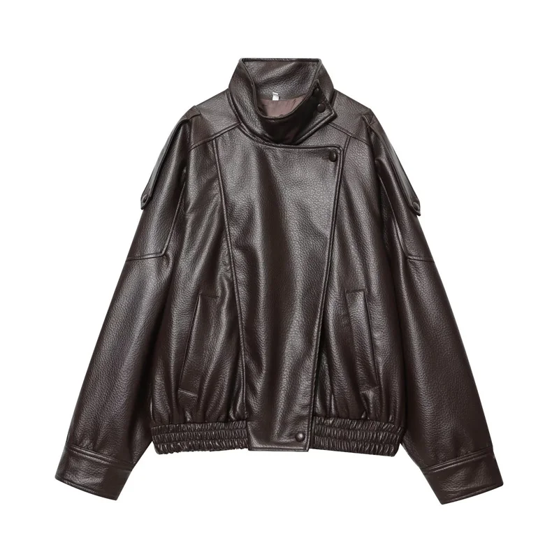 Women's Jacket 2026 New Fashion Spring Long Sleeve Motorcycle Style Jacket Dark Chocolate Color Personality Chic Ladies Outwear
