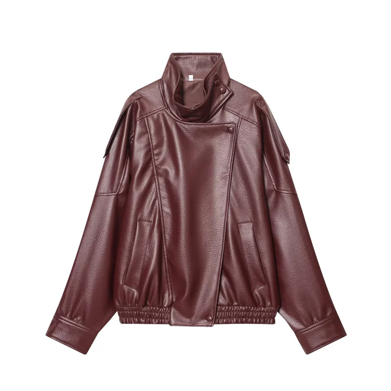 Women's Jacket 2026 New Fashion Spring Long Sleeve Motorcycle Style Jacket Dark Chocolate Color Personality Chic Ladies Outwear