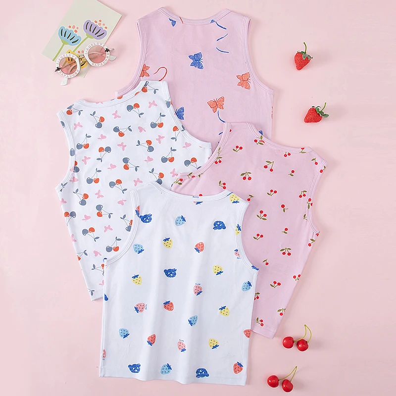 4-Piece Set of Girls' Four Season Comfortable Versatile Vest, Cute Printed Top, Children's Casual Sleeveless T-Shirt, Base Shirt