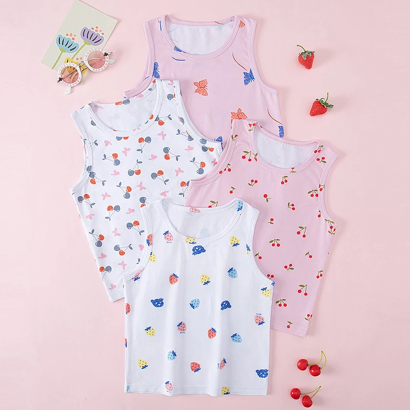 4-Piece Set of Girls' Four Season Comfortable Versatile Vest, Cute Printed Top, Children's Casual Sleeveless T-Shirt, Base Shirt