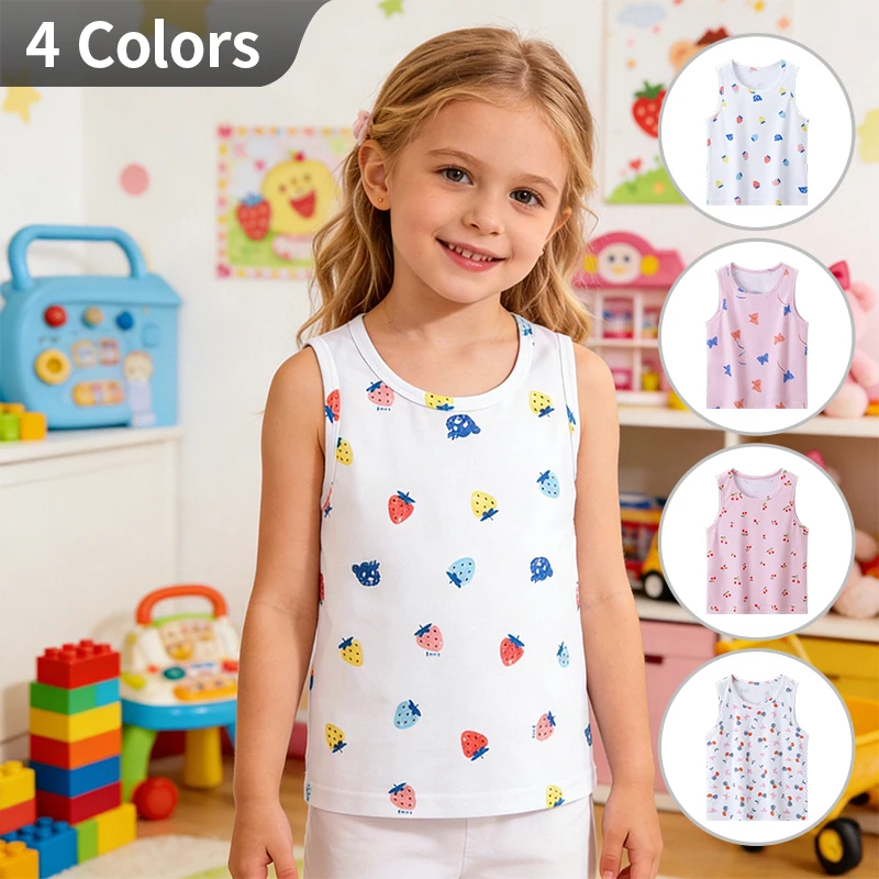 4-Piece Set of Girls' Four Season Comfortable Versatile Vest, Cute Printed Top, Children's Casual Sleeveless T-Shirt, Base Shirt