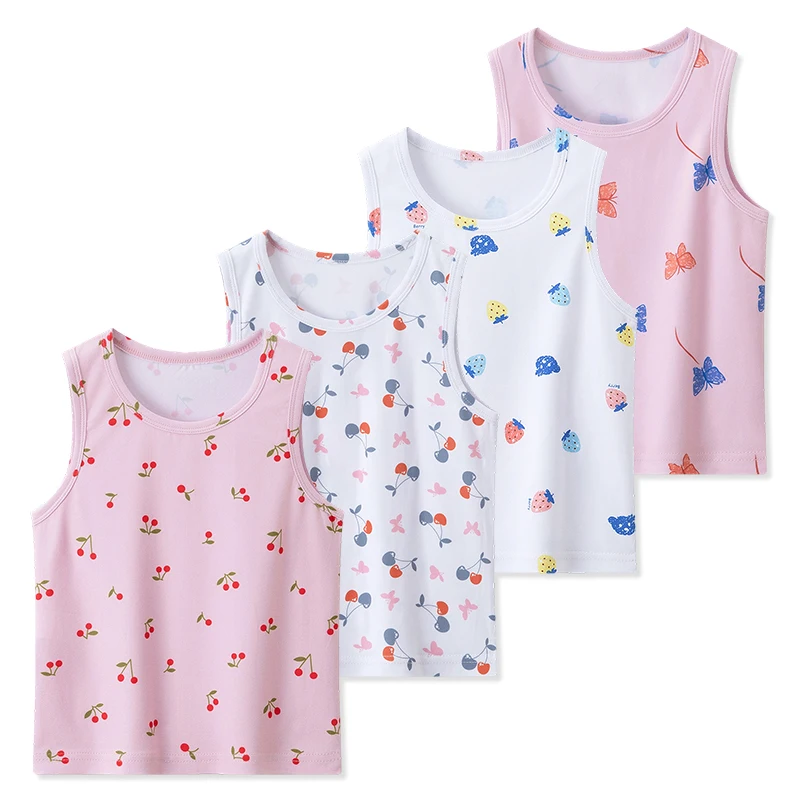4-Piece Set of Girls' Four Season Comfortable Versatile Vest, Cute Printed Top, Children's Casual Sleeveless T-Shirt, Base Shirt