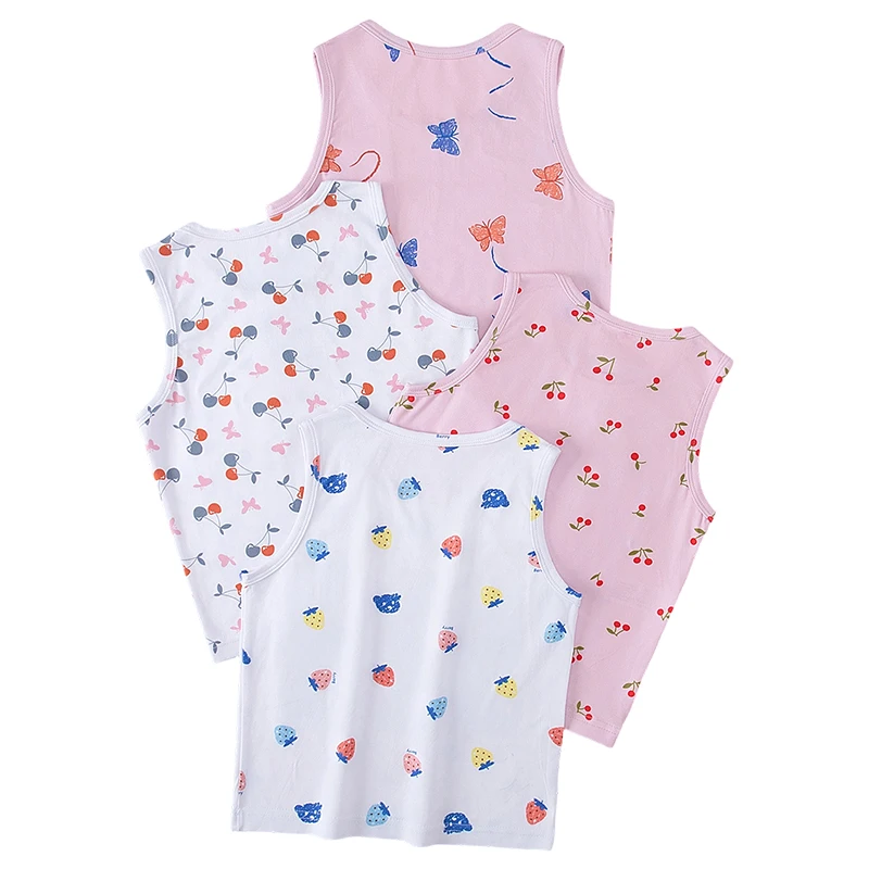 4-Piece Set of Girls' Four Season Comfortable Versatile Vest, Cute Printed Top, Children's Casual Sleeveless T-Shirt, Base Shirt
