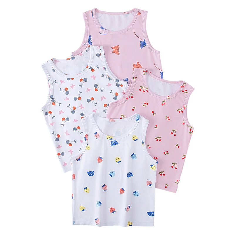 4-Piece Set of Girls' Four Season Comfortable Versatile Vest, Cute Printed Top, Children's Casual Sleeveless T-Shirt, Base Shirt