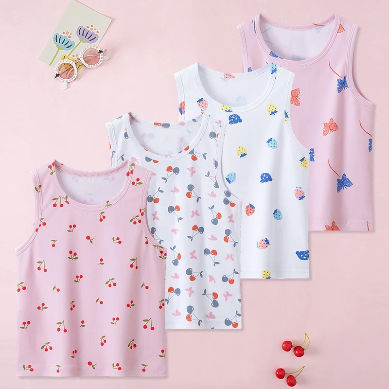 4-Piece Set of Girls' Four Season Comfortable Versatile Vest, Cute Printed Top, Children's Casual Sleeveless T-Shirt, Base Shirt