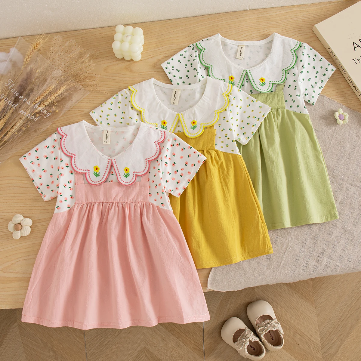 Baby Girl Dress Summer Cotton Flower Collar Short Sleeved Girls Dresses Cartoon Cute Casual Baby Girl Clothing