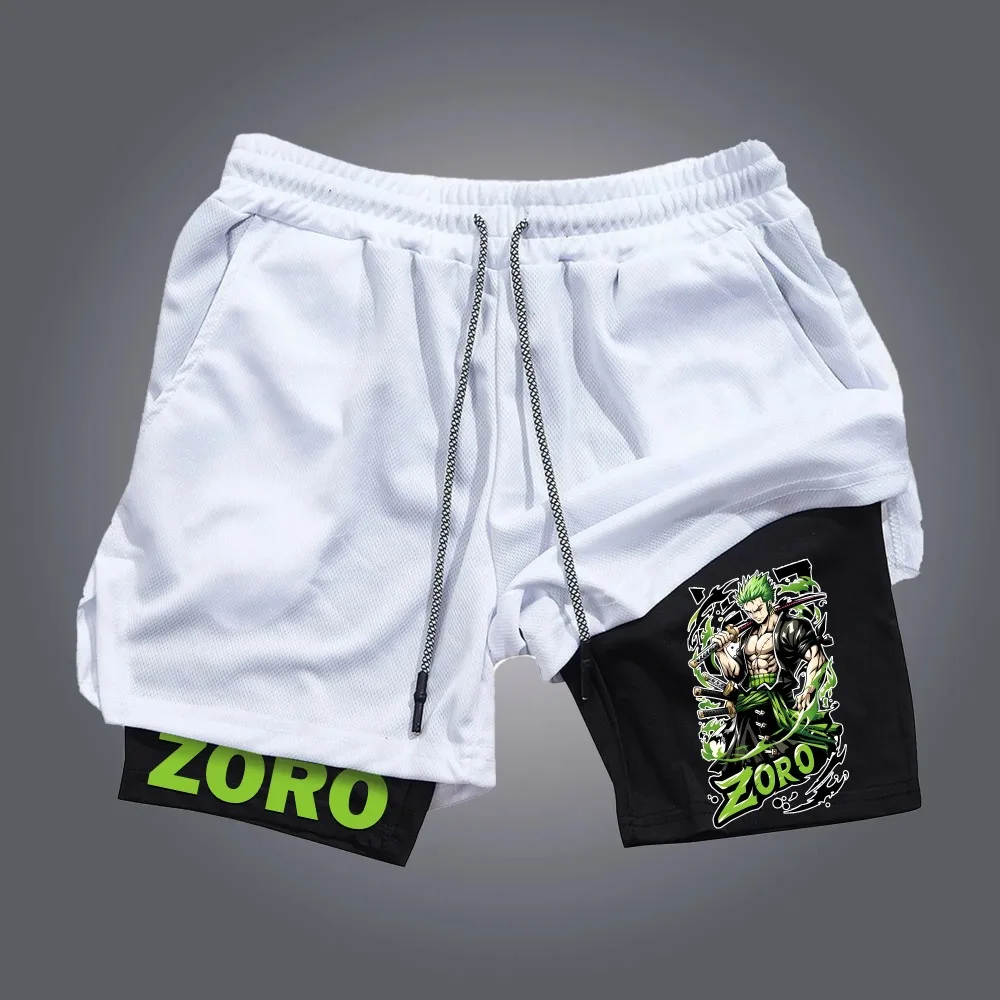 One Piece Men's Shorts Double Layer 2-in-1 Shorts Roronoa Zoro Japanese Anime Summer and Autumn Fake Two-piece Gym Pants