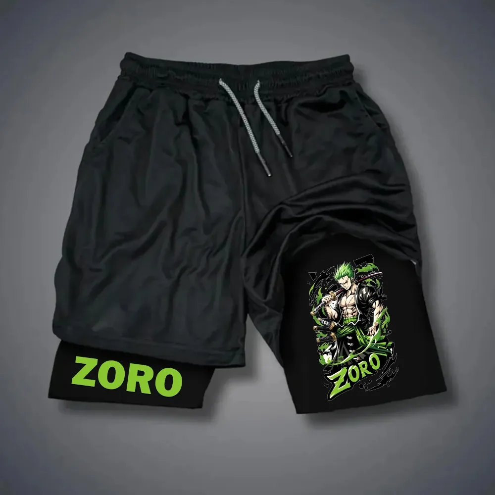 One Piece Men's Shorts Double Layer 2-in-1 Shorts Roronoa Zoro Japanese Anime Summer and Autumn Fake Two-piece Gym Pants