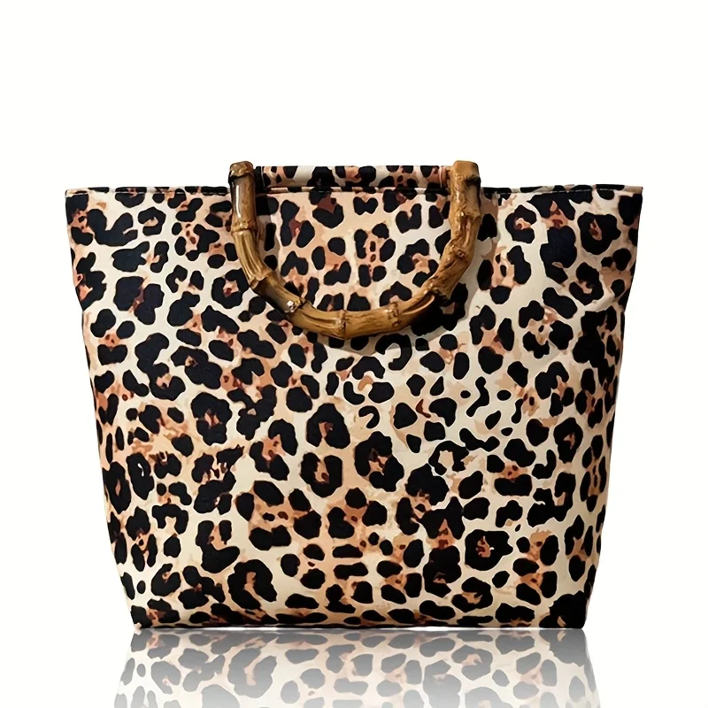Fashion Leopard Print Women's Tote Handbag, High-Quality Bamboo Handle Design, Ins-Style Women's Winter Handbag
