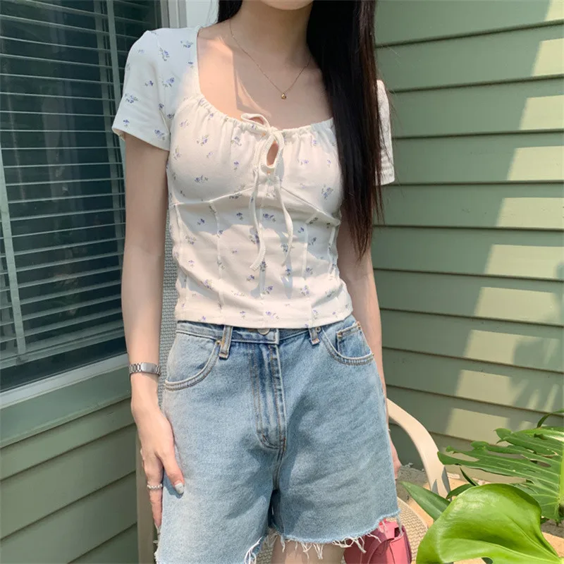 Korean Gentle Sweet Style Tie Up Square Neck Short Sleeve T-shirt Women's Summer Floral Print Elastic Short Bottom Top