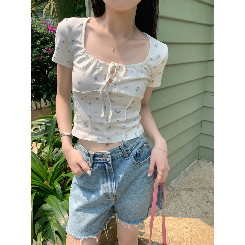 Korean Gentle Sweet Style Tie Up Square Neck Short Sleeve T-shirt Women's Summer Floral Print Elastic Short Bottom Top