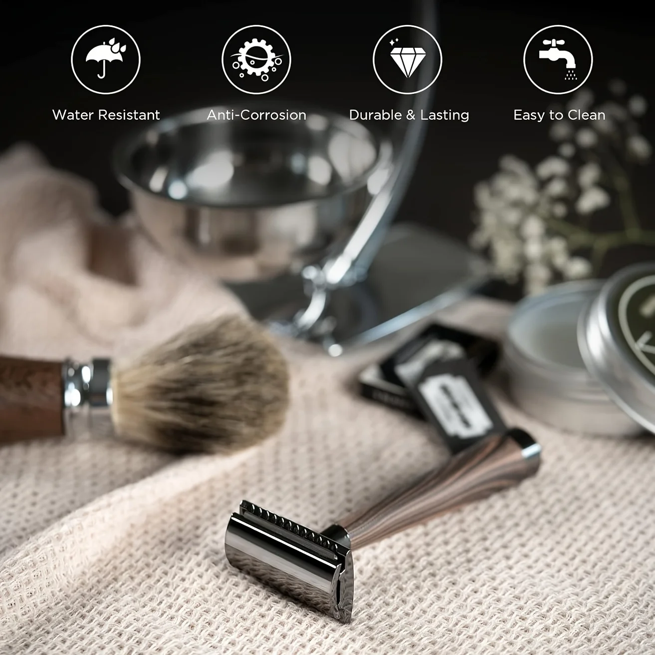 1set Professional Men's Double Edge Safety Razor, Faux Wood Texture Zinc Alloy Handle Razor with 5 Swiss Stainless Steel Blades