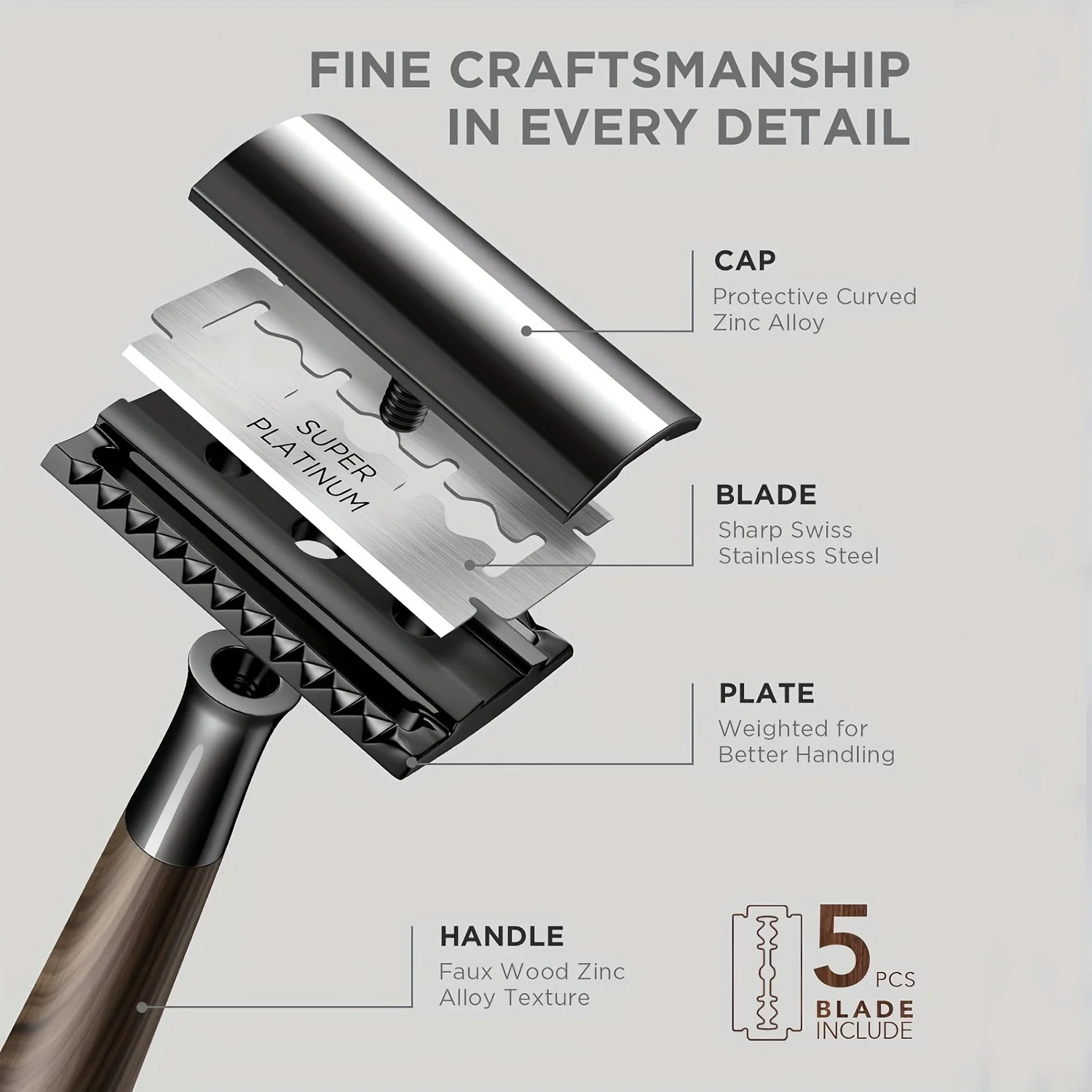 1set Professional Men's Double Edge Safety Razor, Faux Wood Texture Zinc Alloy Handle Razor with 5 Swiss Stainless Steel Blades