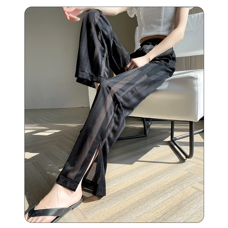 Summer 2026 New Women's Ice Silk Hollow Out Wide Leg Pants High Waist Breathable Sheer Casual Trousers Loose Fit