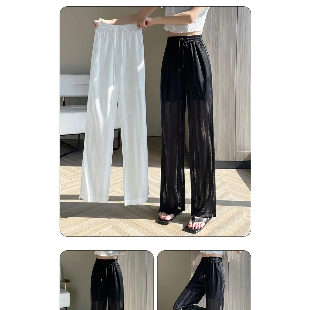 Summer 2026 New Women's Ice Silk Hollow Out Wide Leg Pants High Waist Breathable Sheer Casual Trousers Loose Fit