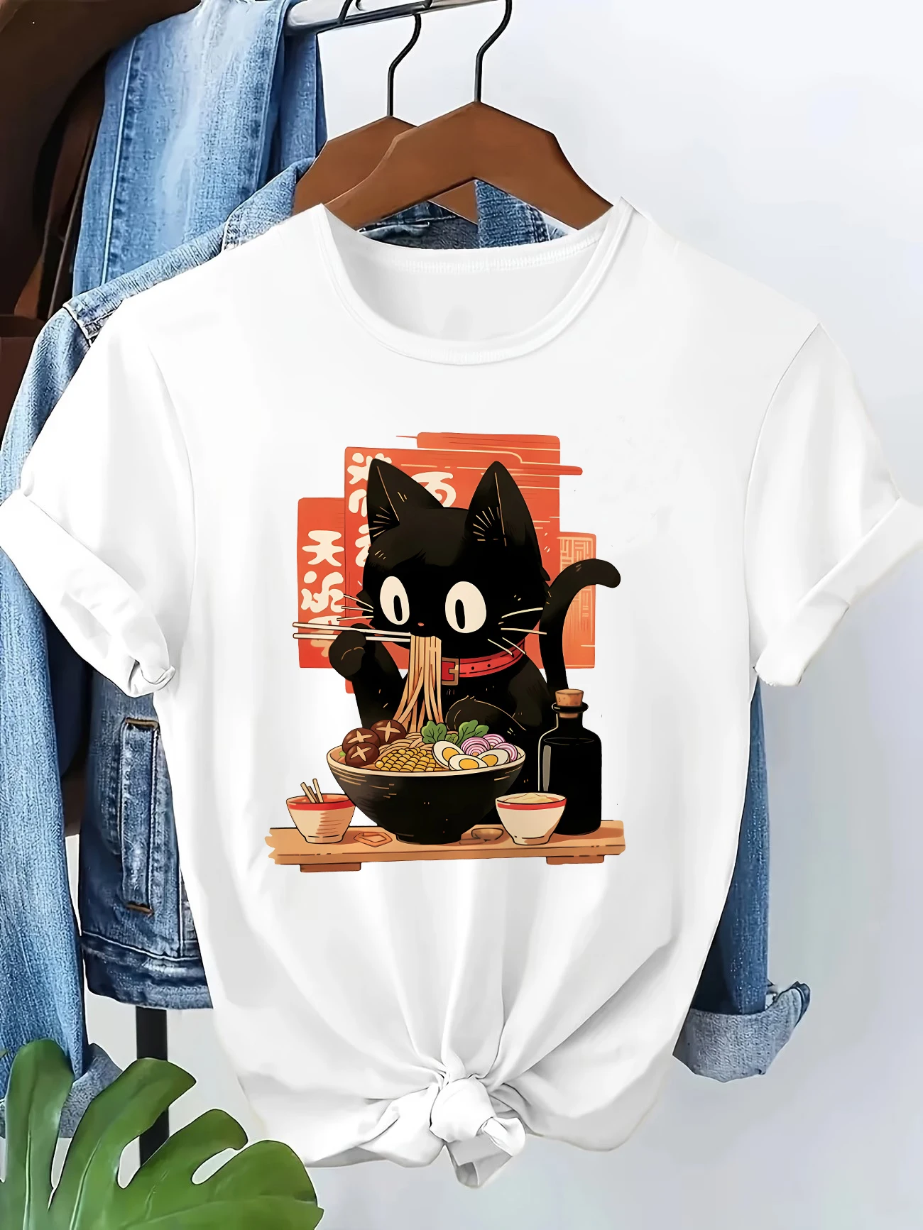 Japanese Ramen Cat Casual Funny Print T-shirt Vintage Women's Casual Graphic Short Sleeve T Shirt Clothing Top Tee