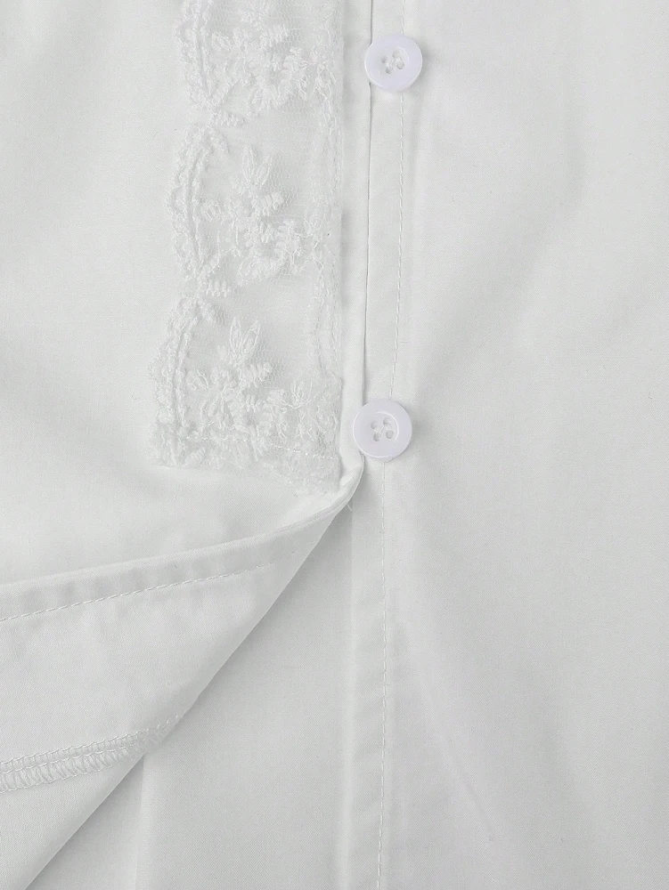 Women's Doll Collar Lace Trim Blouse, Loose Casual Long Sleeve Shirt, Sweet Ruffle Collar Top for Spring & Summer