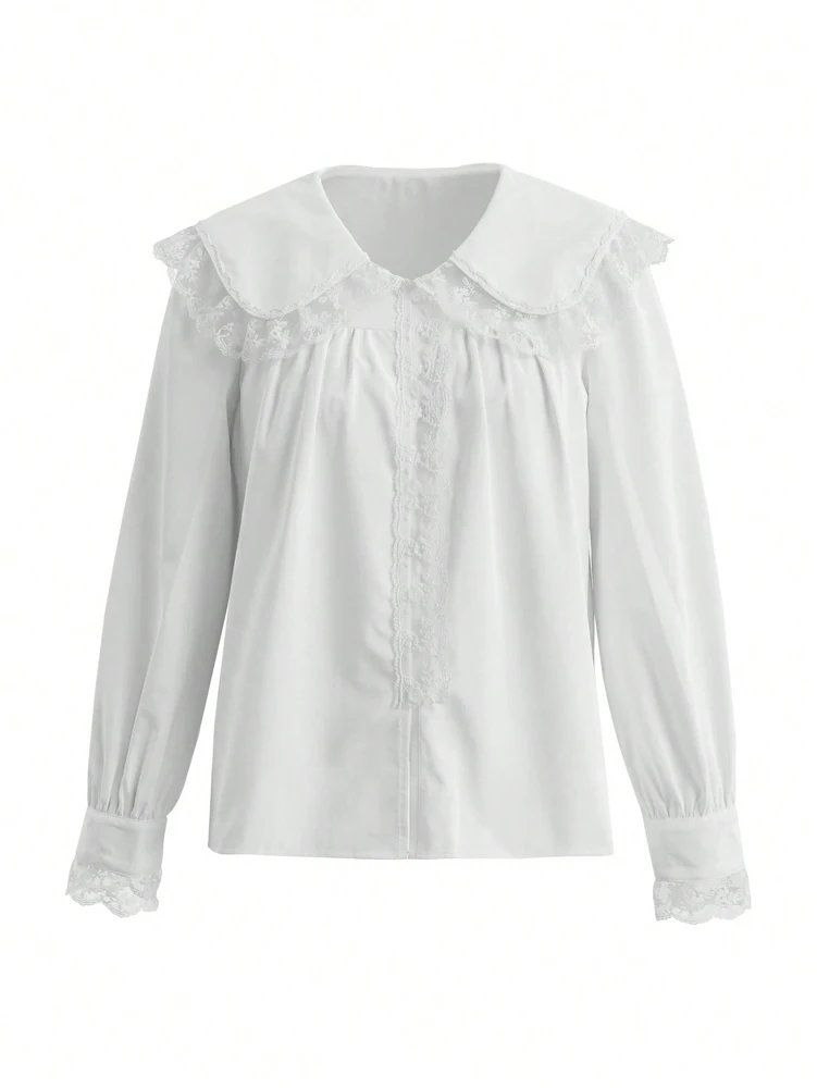 Women's Doll Collar Lace Trim Blouse, Loose Casual Long Sleeve Shirt, Sweet Ruffle Collar Top for Spring & Summer